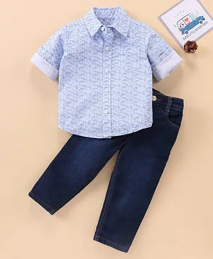 Babyhug Cotton Woven to Denim Full Sleeves Abstract Printed Shirt & Jeans - Light Blue