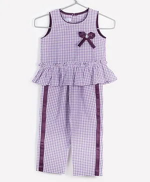Calin Kidswear Sleeveless Gingham Chequered Peplum Style Top & Pants Coordinated Set - Violet