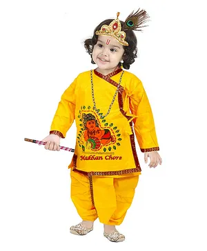 Sarvda Full Sleeves Makhan Chore Print Shri Krishna Patka And Dhoti With Mukut  Basuri Mala Kundal And Morpankh - Yellow