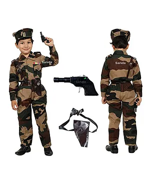 Sarvda Fauji Theme Full Sleeves Camouflage Print Military Dress With Cap Gun Gun Cover Belt Whistle And Whistle Rope - Green