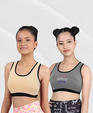 D'chica Pack Of 2 Solid & Smile Sparkle Shine Placement Text Printed Athleisure Sports Bra - Beige & Grey