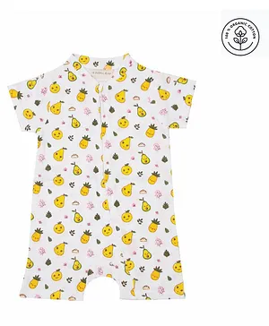 A Toddler Thing Half Sleeves All Over Fruit & Leaf With Cloud Printed Organic Cotton Jumpsuit - Yellow