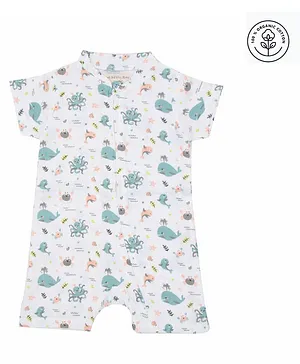 A Toddler Thing Half Sleeves Sea Theme All Over Whale & Octopus Printed With Sea Waves Printed Organic Cotton Jumpsuit -  Blue