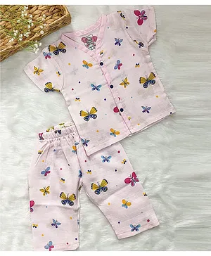 A Toddler Thing Half Sleeves All Over Butterfly Printed Organic Muslin Shirt With Coordinating Pyjama - Pink