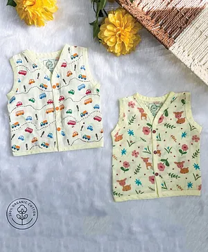 A Toddler Thing Pack Of 2 Sleeveless Vehicles & Deer Printed Vests - Yellow