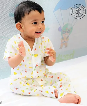 A Toddler Thing Organic Muslin Short Sleeves Tropical Fruits Printed Night Suit - White & Yellow