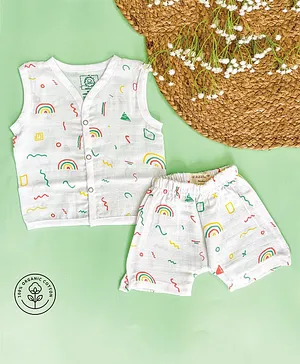 A Toddler Thing Sleeveless Abstract Contemporary Shapes Printed Jhabla With Coordinating Shorts - White