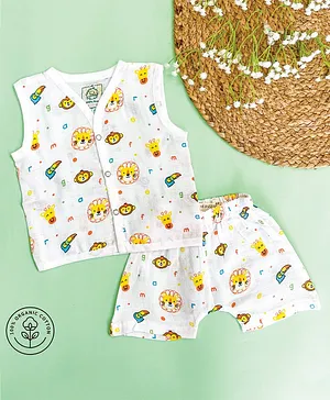 A Toddler Thing Organic Muslin Sleeveless Wild Animals Printed Jhabla & Shorts - White & Yellow