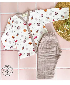 A Toddler Thing Organic Cotton Full Sleeves Space Ranger Print Buttoned Top With Checkered Texture Full Pant - Grey