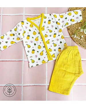 A Toddler Thing Organic Cotton Full Sleeves Fruits Print Buttoned Top With Checkered Texture Full Pant - Yellow