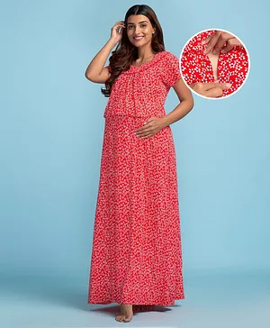 Bella Mama Short Sleeves Maternity Nursing Nighty Floral Print - Red