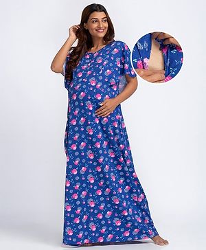 Bella Mama Short Sleeves Maternity Nursing Nighty Floral Print - Blue