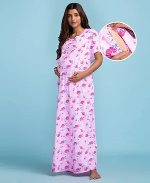 Bella Mama Short Sleeves Maternity Nursing Nighty Floral Print - Pink