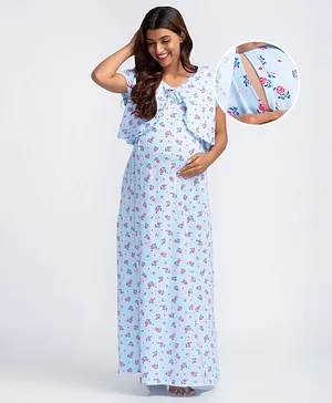 Bella Mama Short Sleeves Maternity Nursing Nighty Floral Print - Blue