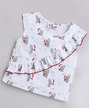 M'andy Cap Sleeves Christmas Teddy Bear All Over Printed Frill Top - White