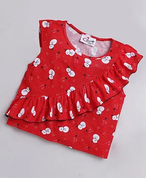 M'andy Cap Sleeves Christmas Snowman All Over Printed Frill Top - Red