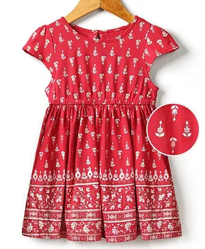 Earthy Touch Cotton Knit Short Cap Sleeves Dress Floral Print - Red
