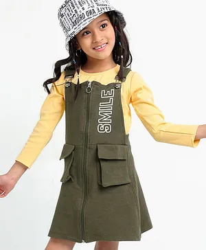 Ollington St. Rib Full Sleeves Top with Micro Waffle Knit Fabric Pinafore With Front Zipper Opening And Side 3D Pocket Set - Yellow Brown