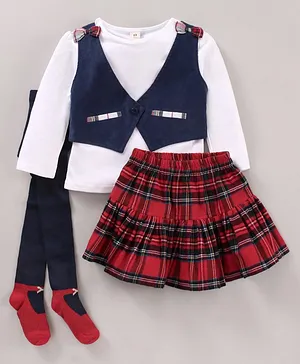 ToffyHouse Full Sleeves Solid Colour Top & Jacket With Checks Skirt - Navy Blue