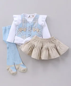 ToffyHouse Full Sleeves Tops & Skirt Set With Waistcoat & Stockings Checks Print- Blue