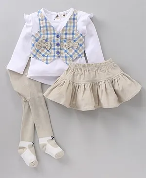 ToffyHouse Full Sleeves Top & Skirt Set with Checked Waistcoat & Stocking - Turquoise Blue Beige