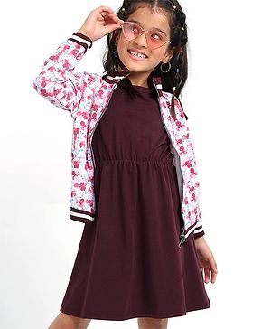 Ollington St. Winterwear Set Of Floral Jacket With Front Zipper Opening And Rib & Dress- Multicolor Burgundy