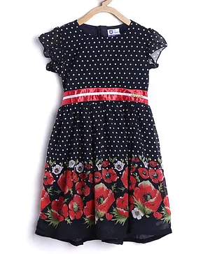 612 League Short Sleeves All Over Polka Dotted Flower Print Dress - Black