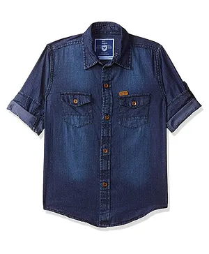 612 League Full Sleeves All Over Dots Print Denim Shirt - Blue