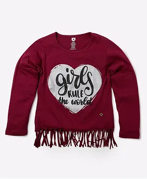 612 League Full Sleeves Girls Rule The World Text & Heart Placement Printed & Knotted Fringe Top - Maroon