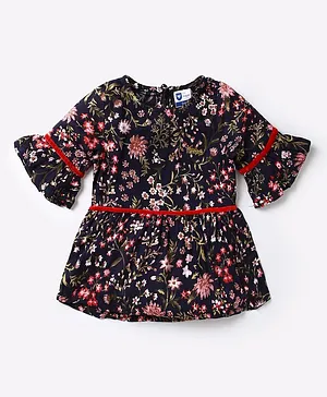 612 League Bell Half Sleeves All Over Floral Printed Peplum Top - Navy Blue