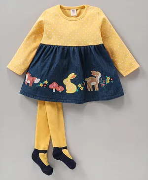 ToffyHouse Full Sleeves Frock with Footed Stocking Polka Dots & Bunny Printed - Gold