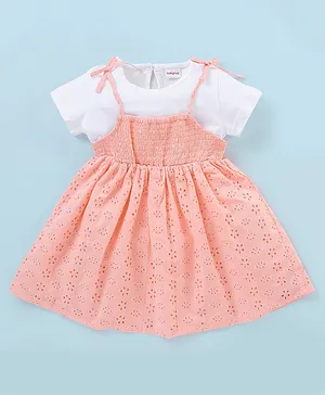 Babyhug 100% Cotton Frock with Half Sleeves Inner Tee Schiffli Embroidered - Pink