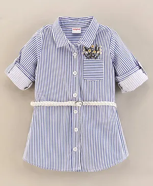 Babyhug Full Sleeves Striped Shirt Dress With Embroidery & Belt - Blue