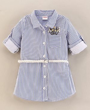 Babyhug Full Sleeves Striped Shirt Dress With Embroidery & Belt - Blue