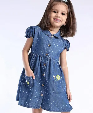 Babyhug Cotton Woven Short Sleeves Frock Polka Dots & Floral Print - Denim Blue