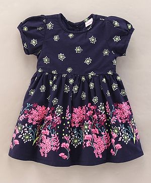 Babyhug Half Sleeves 100% Cotton Short Sleeves Woven Frock Floral Print - Navy Blue