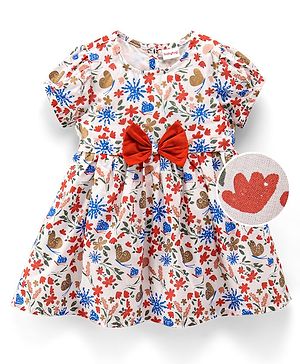 Babyhug 100% Cotton Puff Sleeves Woven Frock With Bow Applique Floral Print - White