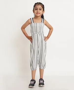 Creative Kids Sleeveless Striped Chevron Printed Smocked Jumpsuit - Black White