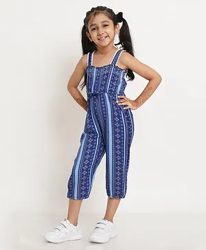 Creative Kids Sleeveless Striped Motif Printed Smocked Jumpsuit - Blue