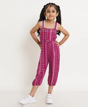 Creative Kids Sleeveless Striped And Motif Printed Smocked Jumpsuit - Dark Pink