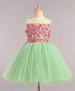 Bluebell Sleeveless Party Frock  With Floral Applique - Green