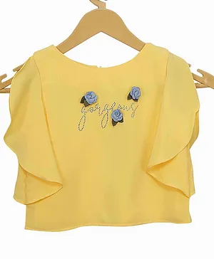 Tiny Girl Short Flutter Sleeves Gorgeous Stone Embellished & Flower Applique Top - Gold