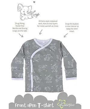 Kaarpas Premium Organic Cotton Jumbo Elephant Printed Full Sleeves Snap Buttons Closure Tee - Grey