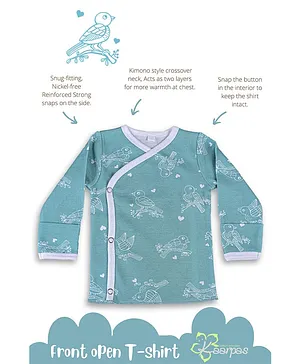 Kaarpas Premium Organic Cotton Chirpy Sparrow Printed Full Sleeves Snap Buttons Closure Tee - Teal