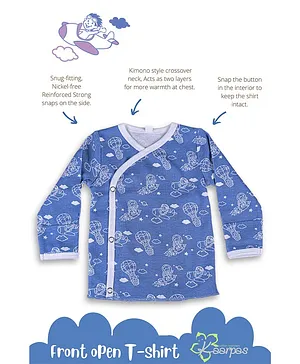 Kaarpas Premium Organic Cotton Hot Air Balloon & Aeroplane Printed Full Sleeves Snap Buttons Closure Tee - Blue