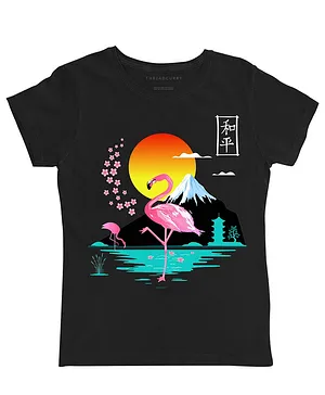 THREADCURRY Half Sleeves Flamingo & Flower With Sunset Printed Tee - Black