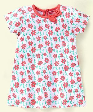 Babyhug 100%Cotton Short Sleeves Frock Bow Applique - White Orange