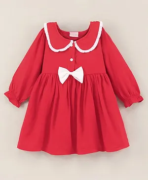 Kookie Kids Full Sleeves Solid Winter Frock With Bow Applique- Red