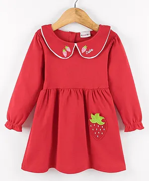 Kookie Kids Full Sleeves Winter Wear Frock Strawberry Patch - Red