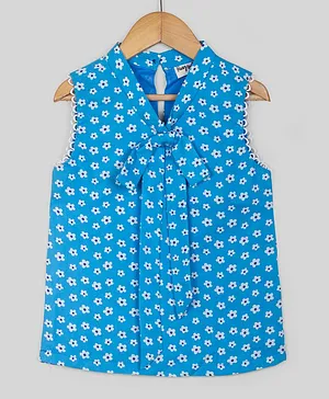 Hugsntugs Sleeveless All Over Flower Printed & Armhole Lace Embellished Top With Front Tie Up - Blue